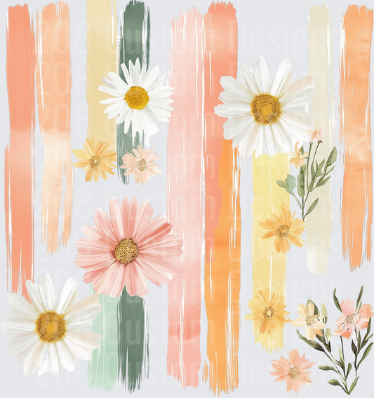 Watercolor Brush Strokes with White and Pink Daisies Floral