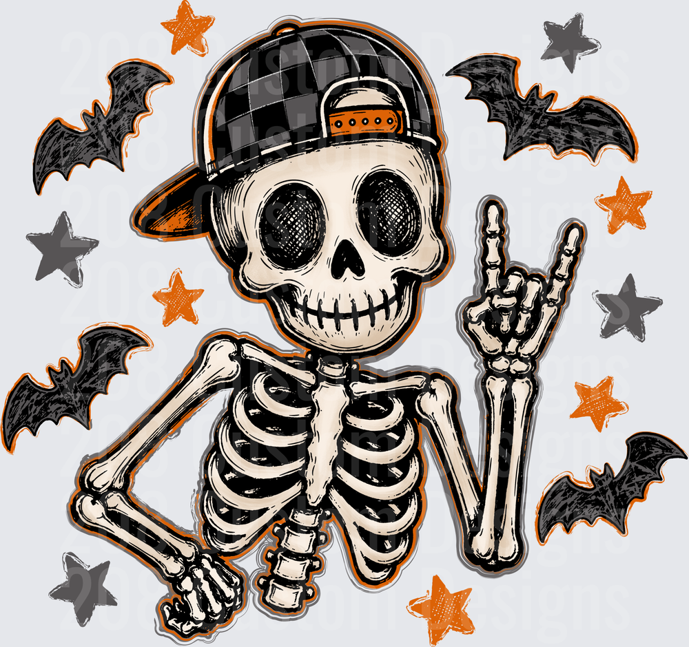 Cool Skeleton Rock On Hand Sign Snapback Cap Halloween Bats Stars