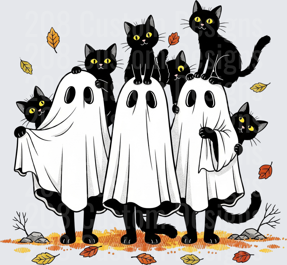 Black Cats in Ghost Costumes Halloween Autumn Leaves