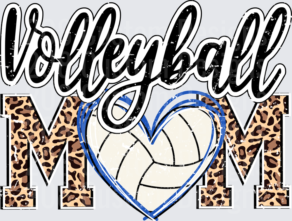 Volleyball Mom Leopard Print Blue Heart Script Design