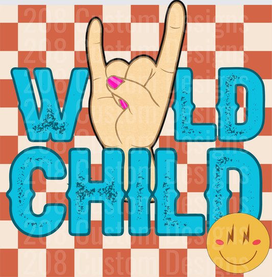 Wild Child Rock On Hand Sign with Smiley Face Checkered Background