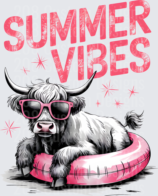 Summer Vibes Highland Cow with Pink Sunglasses and Pool Float