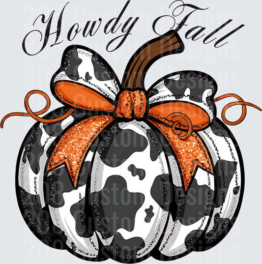 Howdy Fall Cow Print Pumpkin with Orange Bow