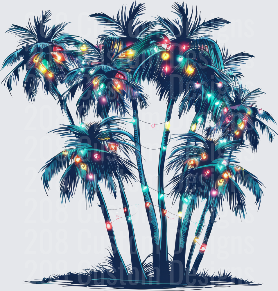 Tropical Palm Trees Decorated with Colorful Christmas Lights