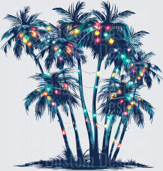 Tropical Palm Trees Decorated with Colorful Christmas Lights