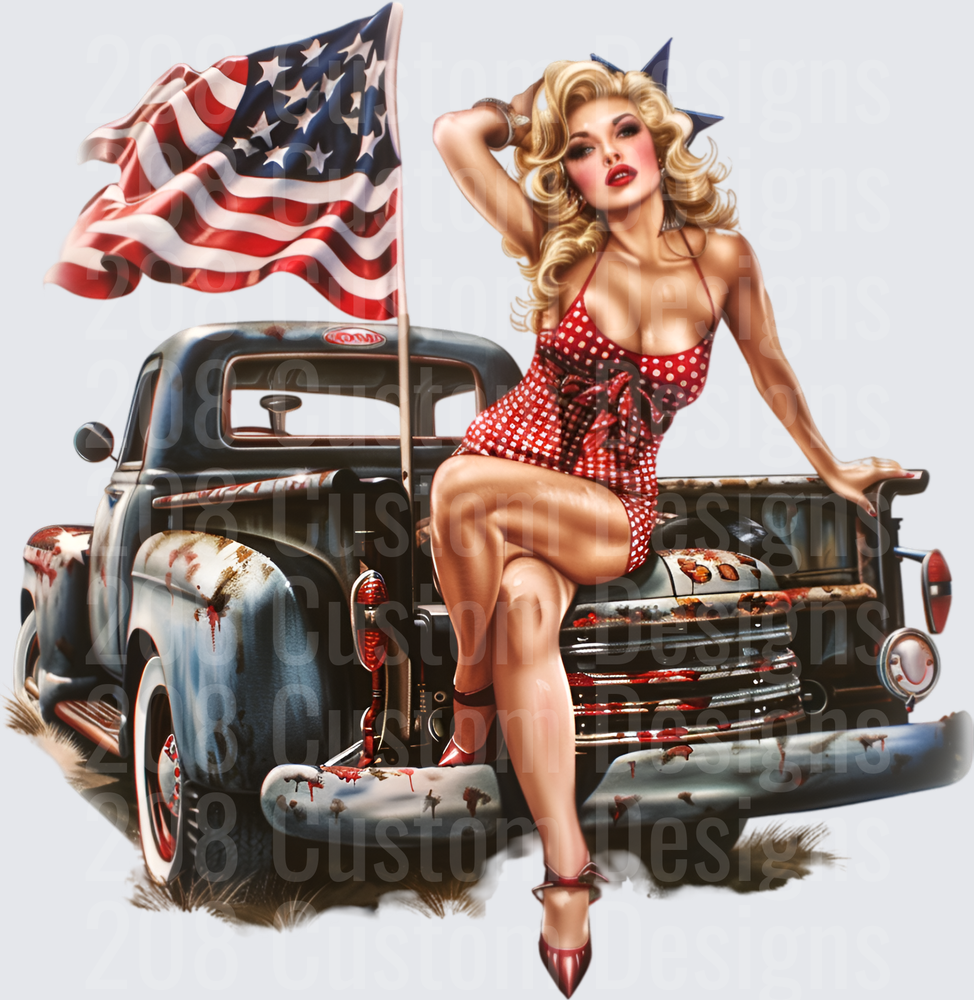 Vintage Pin-Up Girl with American Flag and Classic Pickup Truck