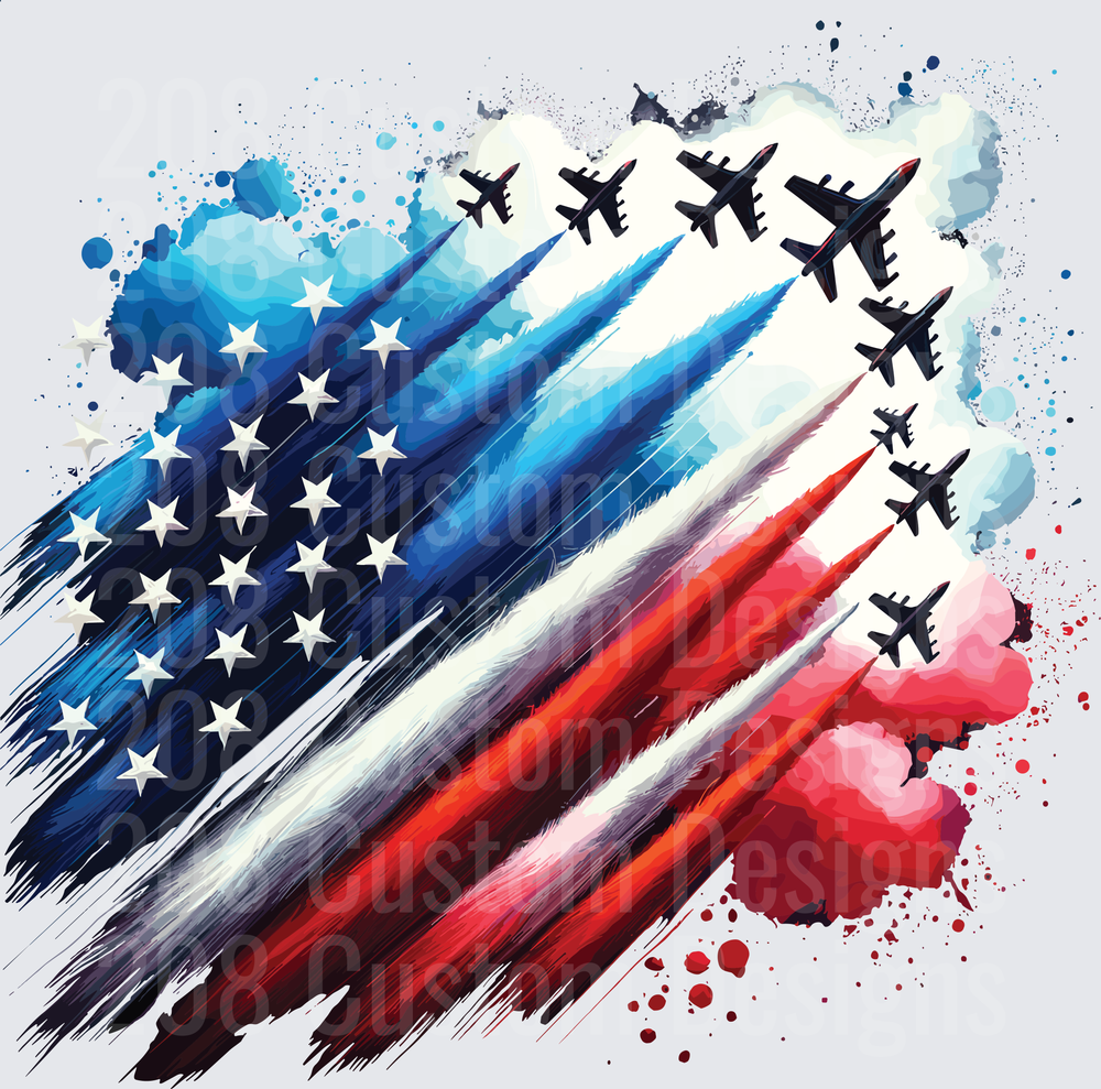 Patriotic Fighter Jets Formation Flight Over Watercolor American Flag