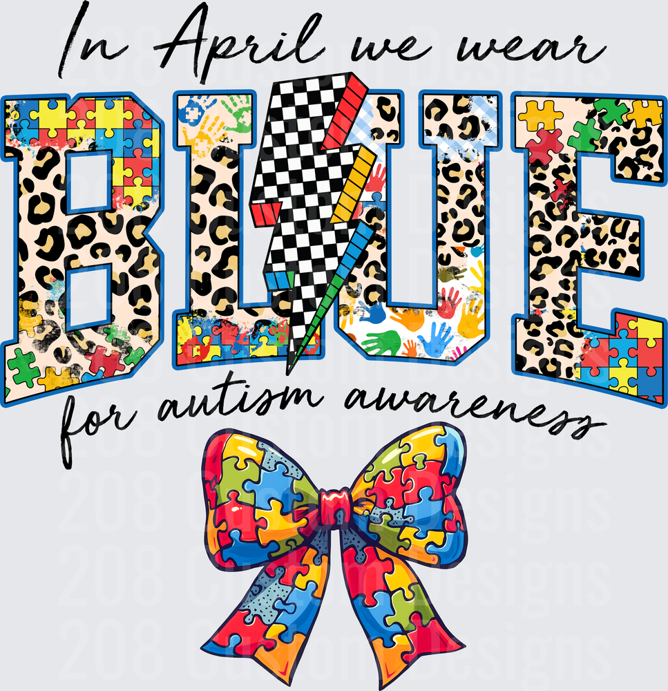 In April We Wear Blue Autism Awareness Leopard Print Puzzle Bow