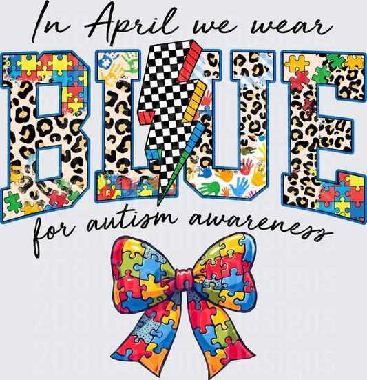 In April We Wear Blue Autism Awareness Leopard Print Puzzle Bow