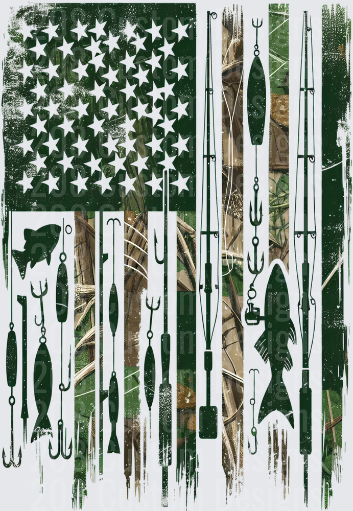 Fishing American Flag with Camo Pattern and Fishing Gear