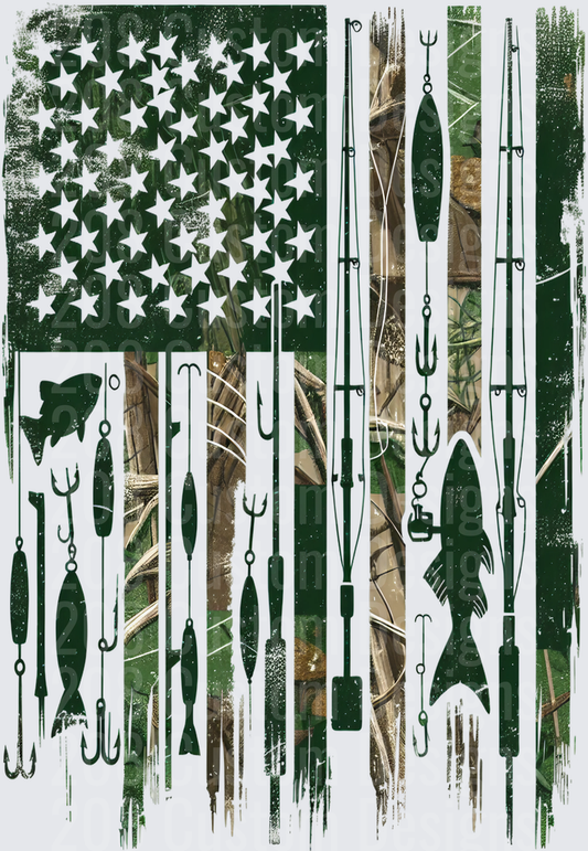 Fishing American Flag with Camo Pattern and Fishing Gear