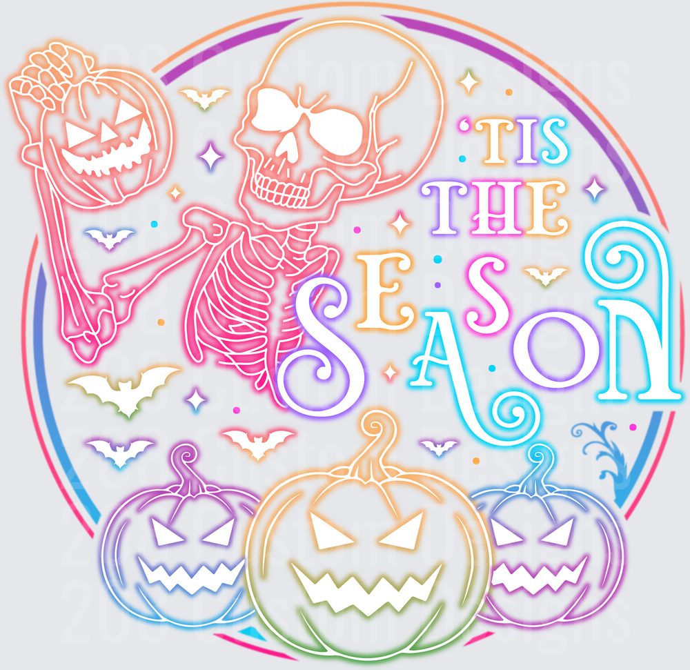 Tis The Season Halloween Skeleton Pumpkins Rainbow Neon Glow