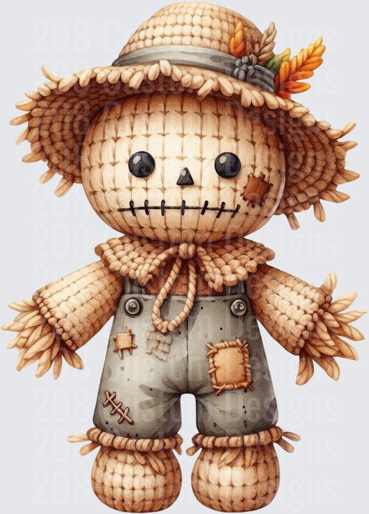 Cute Watercolor Scarecrow with Straw Hat Fall Autumn Leaves
