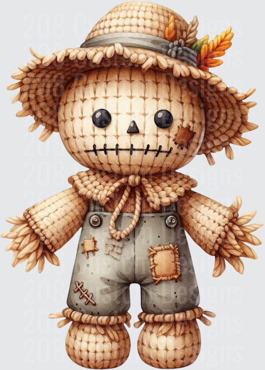 Cute Watercolor Scarecrow with Straw Hat Fall Autumn Leaves