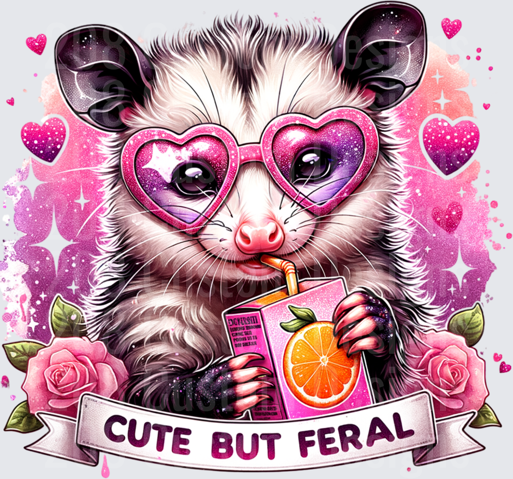 Cute But Feral Opossum with Heart Sunglasses and Pink Drink