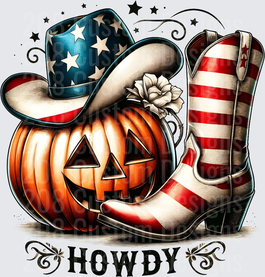 Howdy Halloween Cowboy Pumpkin with American Flag Boots and Hat
