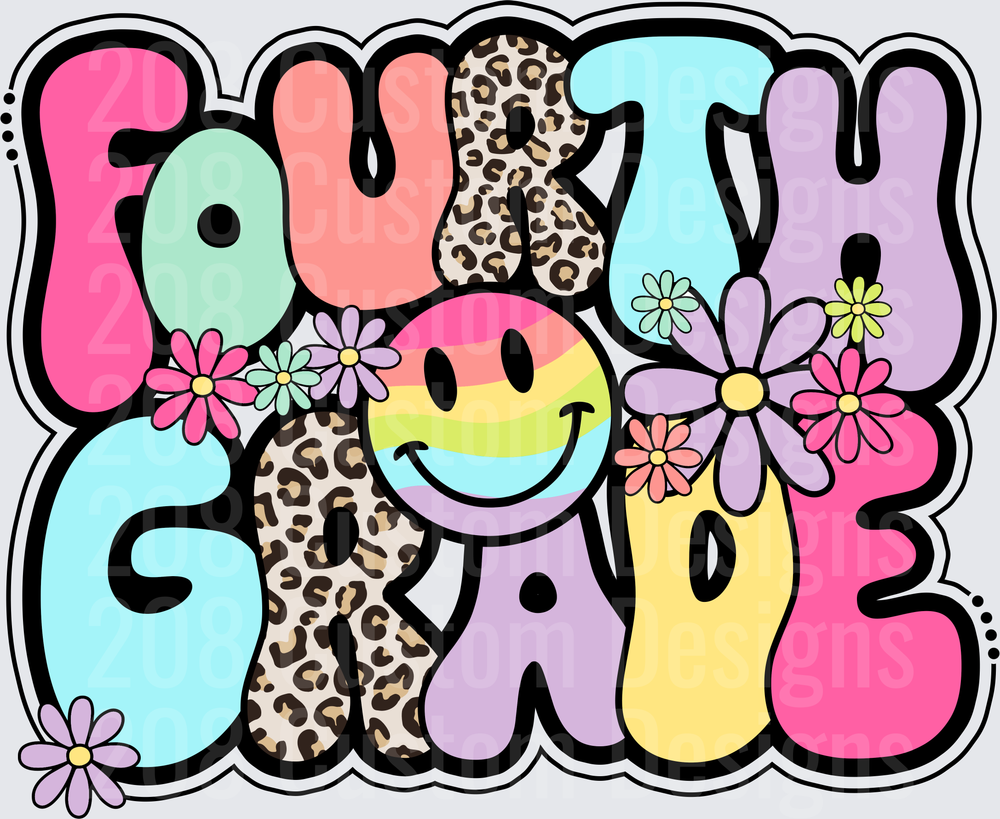 Fourth Grade Groovy Retro Smiley Face Leopard Floral Design