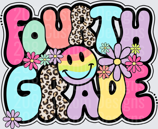 Fourth Grade Groovy Retro Smiley Face Leopard Floral Design