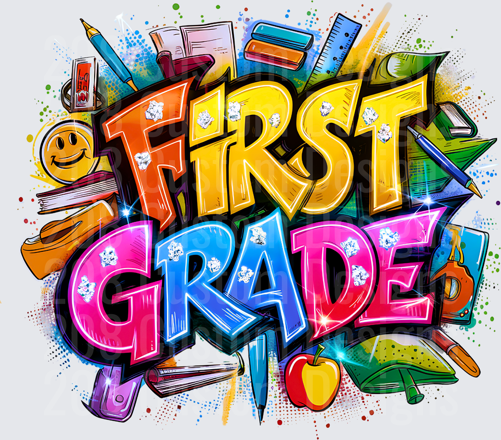 First Grade Bold Graffiti Style School Supplies Design
