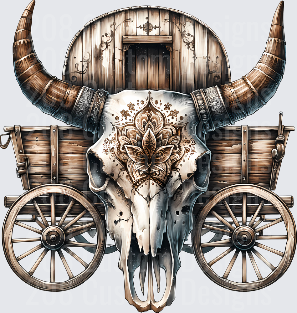 Western Bull Skull with Mandala Pattern and Covered Wagon