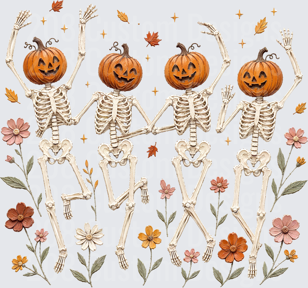 Four Dancing Jack-O-Lantern Skeletons Fall Flowers Leaves