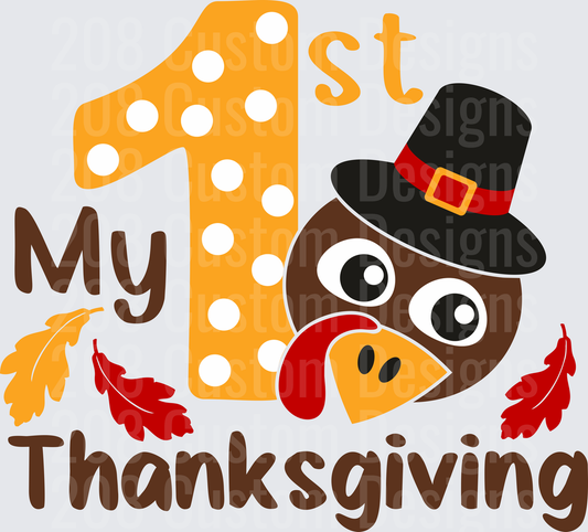 My 1st Thanksgiving Cute Turkey Pilgrim Hat Fall Leaves