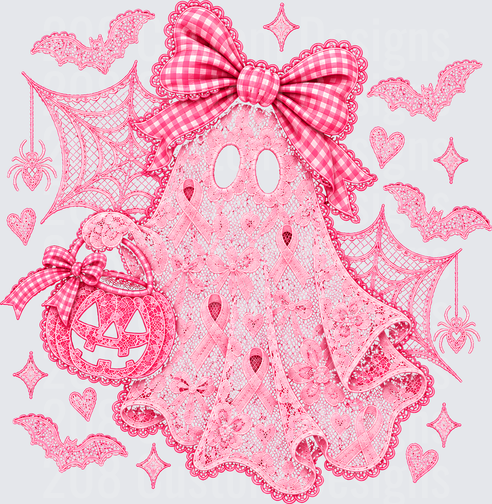 Pink Lace Ghost Gingham Bow Halloween Breast Cancer Ribbon