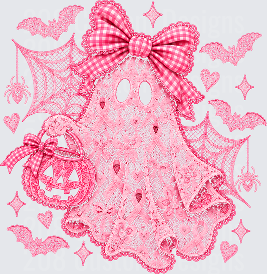 Pink Lace Ghost Gingham Bow Halloween Breast Cancer Ribbon