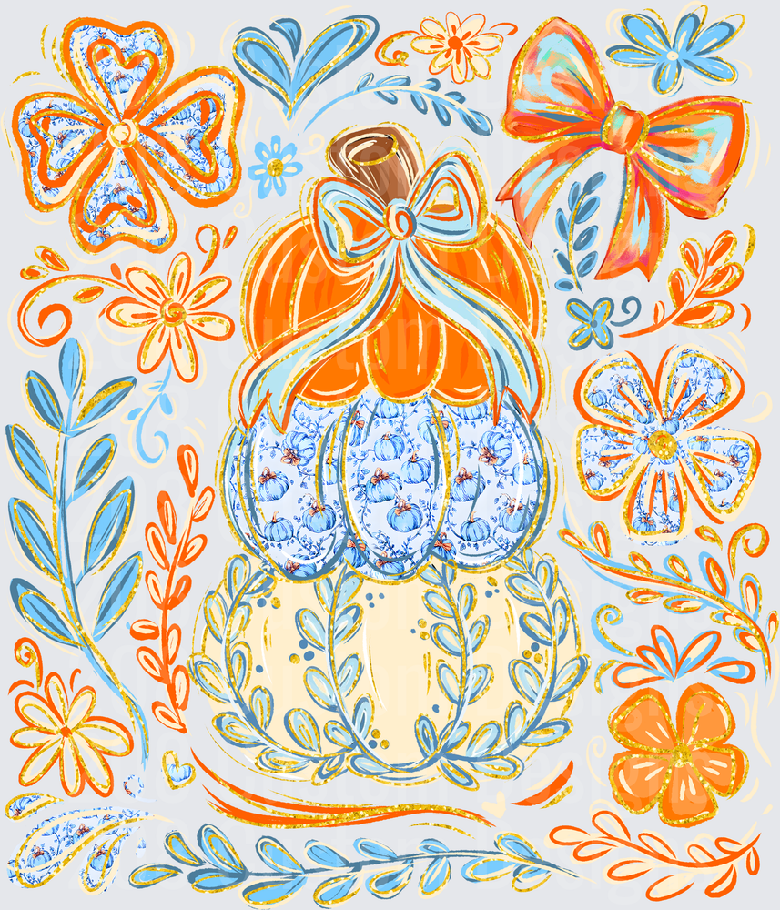 Boho Stacked Pumpkins Blue Toile Floral Bow Fall Design
