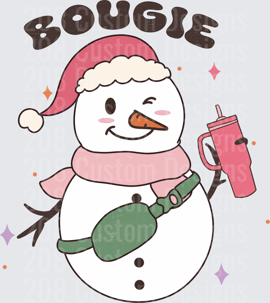 Bougie Snowman with Pink Santa Hat and Stanley Cup Tumbler