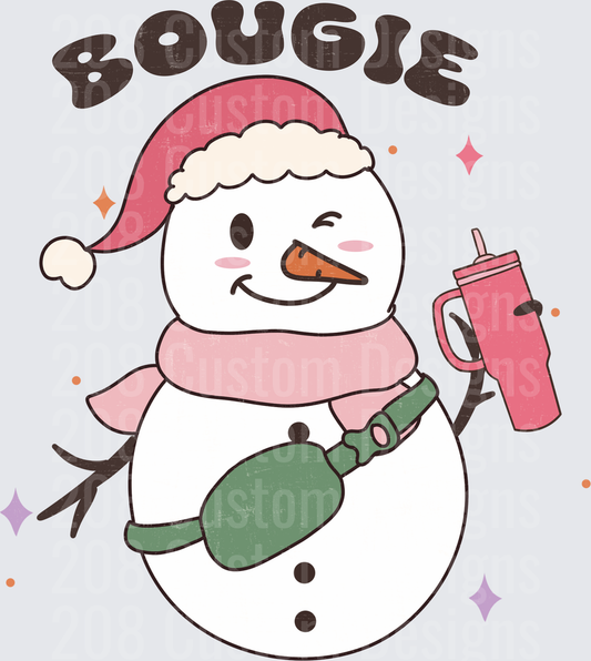 Bougie Snowman with Pink Santa Hat and Stanley Cup Tumbler