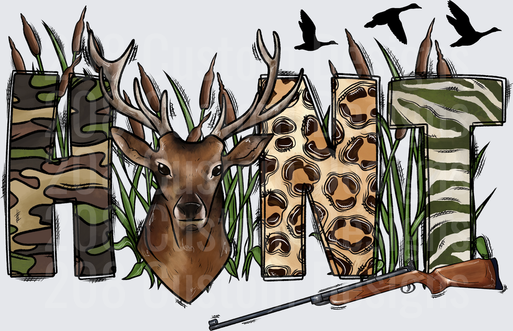 HUNT Camouflage Letters with Buck Head and Hunting Rifle