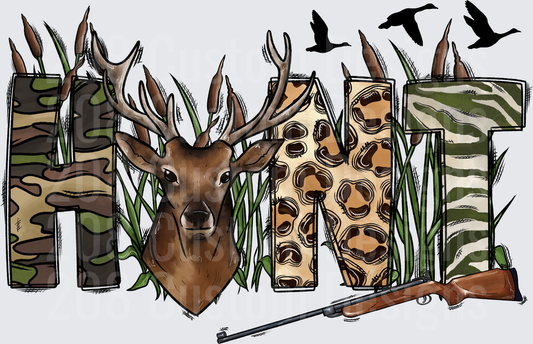 HUNT Camouflage Letters with Buck Head and Hunting Rifle