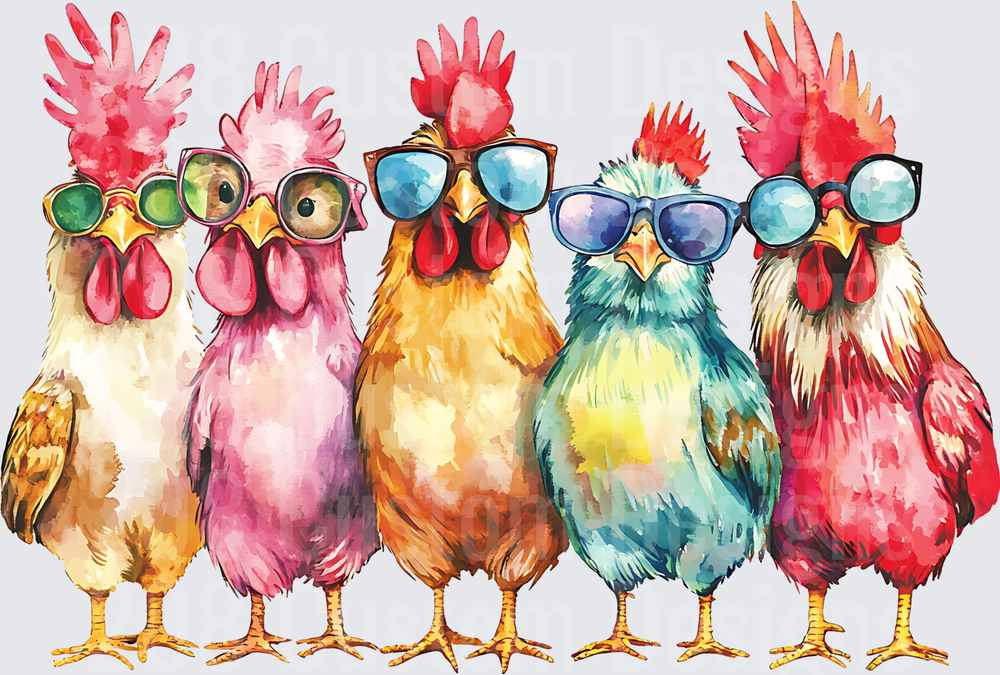 Five Cool Roosters Wearing Sunglasses Watercolor Style