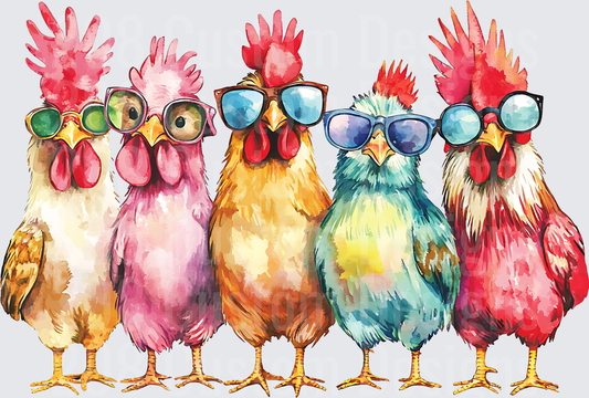 Five Cool Roosters Wearing Sunglasses Watercolor Style