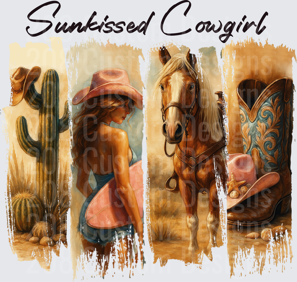 Sunkissed Cowgirl Western Desert Scene with Horse and Boots