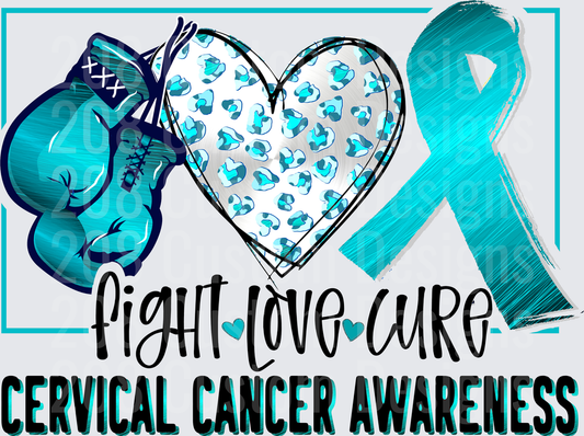 Fight Love Cure Cervical Cancer Awareness Teal Ribbon Leopard Heart Design