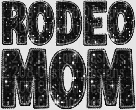 RODEO MOM Sparkly Black Embroidered Letters with Rhinestone Details