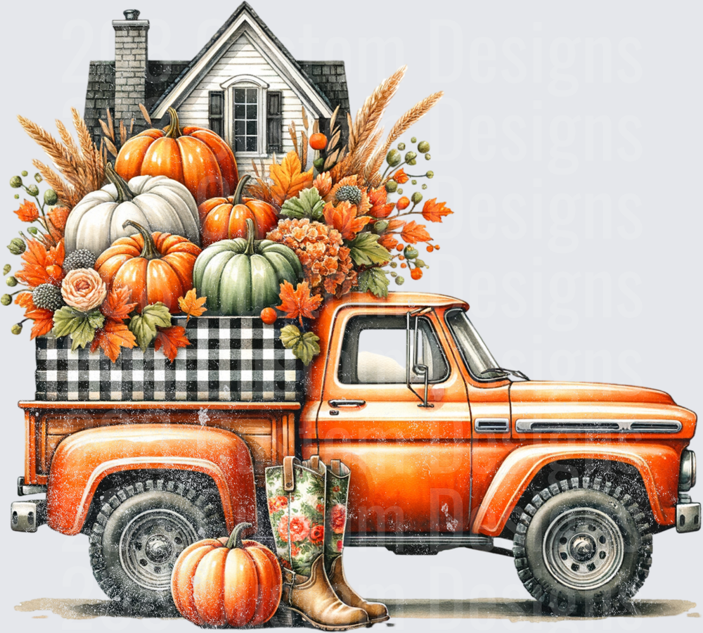 Orange Vintage Truck with Fall Pumpkins and Buffalo Plaid Harvest Scene