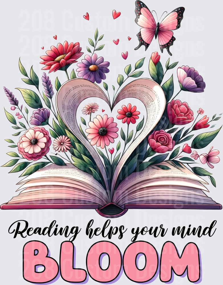 Reading Helps Your Mind Bloom Open Book with Heart Pages and Flowers