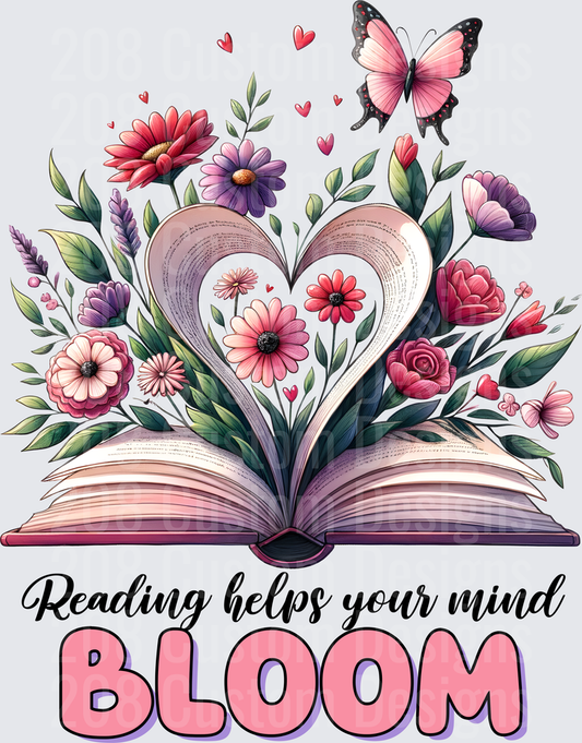 Reading Helps Your Mind Bloom Open Book with Heart Pages and Flowers