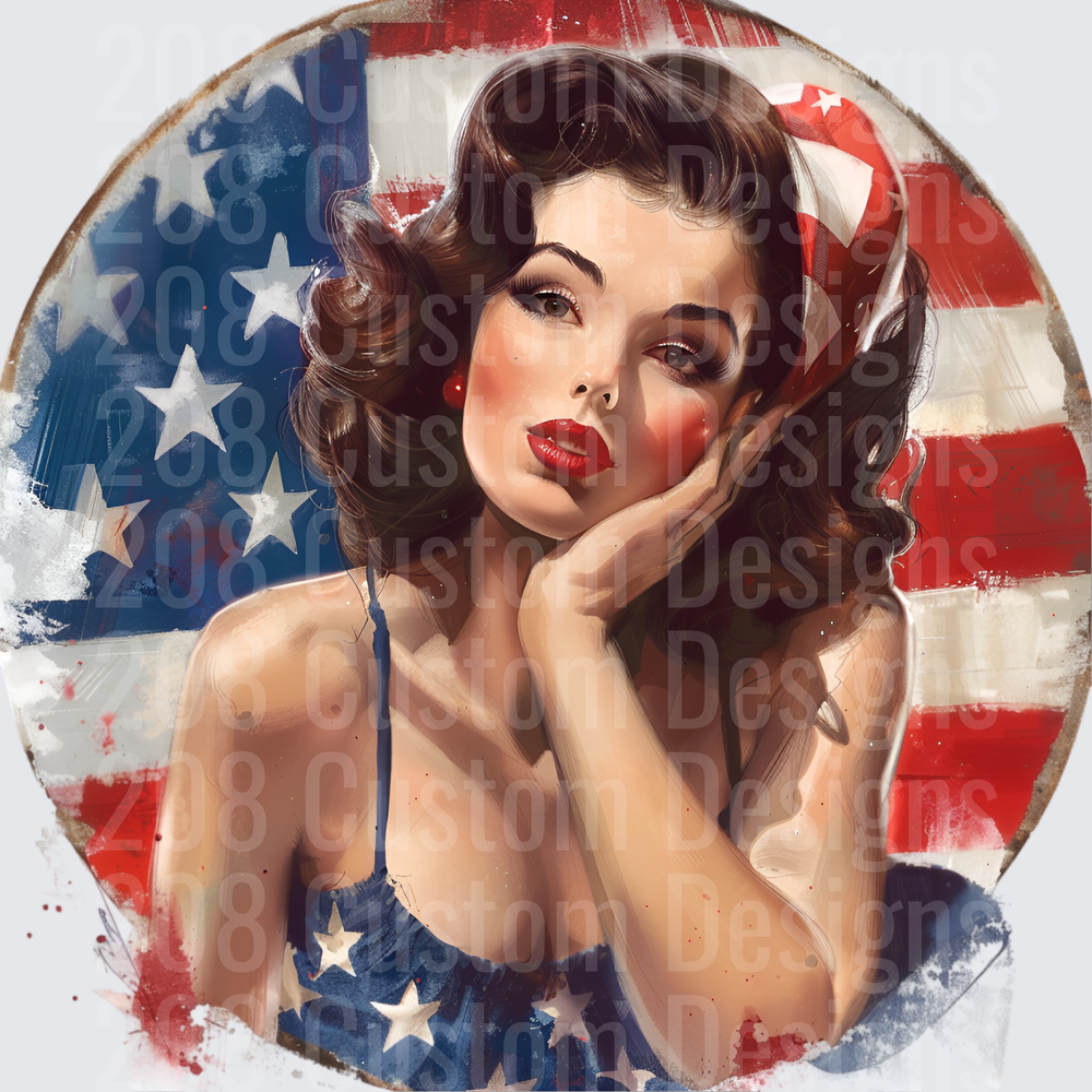 Vintage Pin-Up Girl with American Flag Background