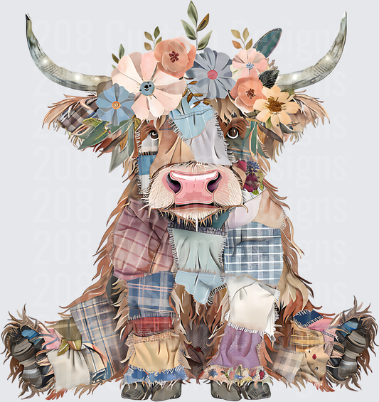 Boho Highland Cow with Floral Crown and Patchwork Fabric Collage