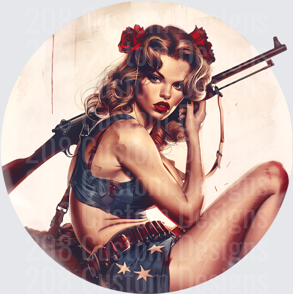 Vintage Pin-Up Girl with Rifle and Red Roses in Hair