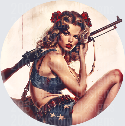 Vintage Pin-Up Girl with Rifle and Red Roses in Hair