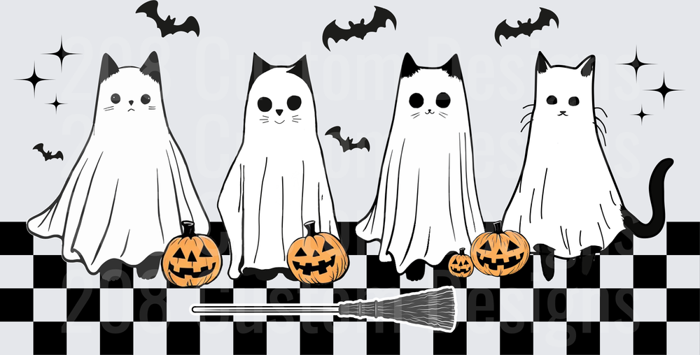 Ghost Cats with Jack-o-Lanterns Bats Broomstick