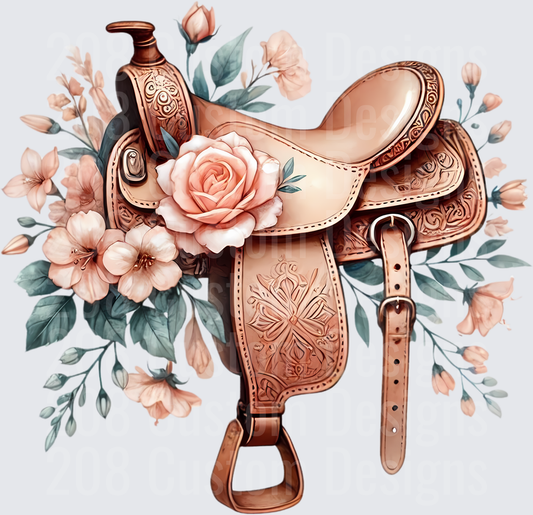 Western Saddle with Pink Roses and Floral Bouquet