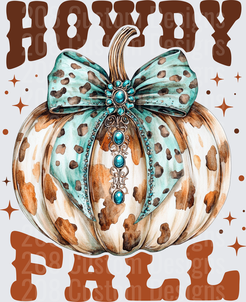Howdy Y'all Leopard Print Pumpkin with Turquoise Bow and Gems