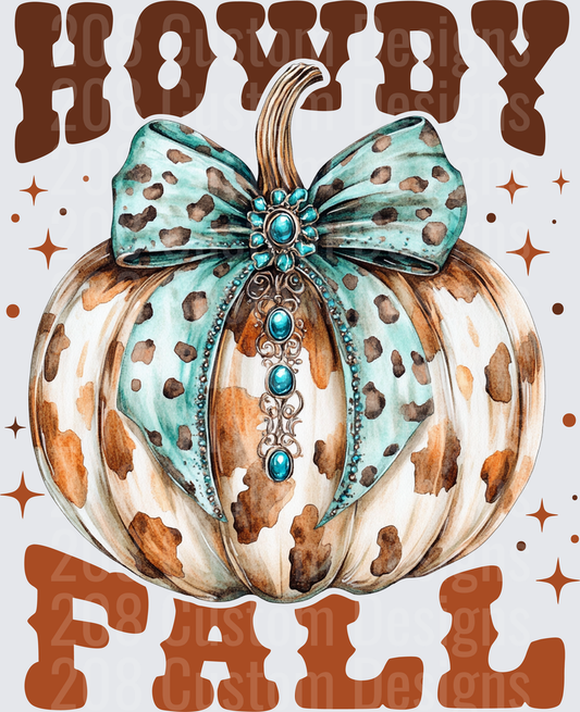 Howdy Y'all Leopard Print Pumpkin with Turquoise Bow and Gems