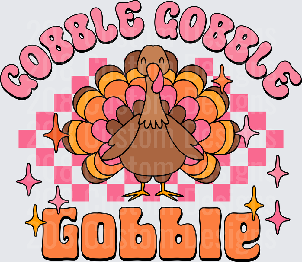 Gobble Gobble Retro Groovy Turkey Pink Checkered Thanksgiving